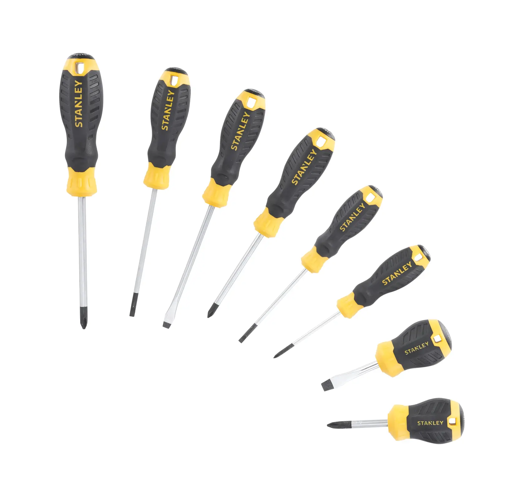 STANLEY STHT16167-0 screwdriver set, eight black and yellow screwdrivers, front angle, white background.