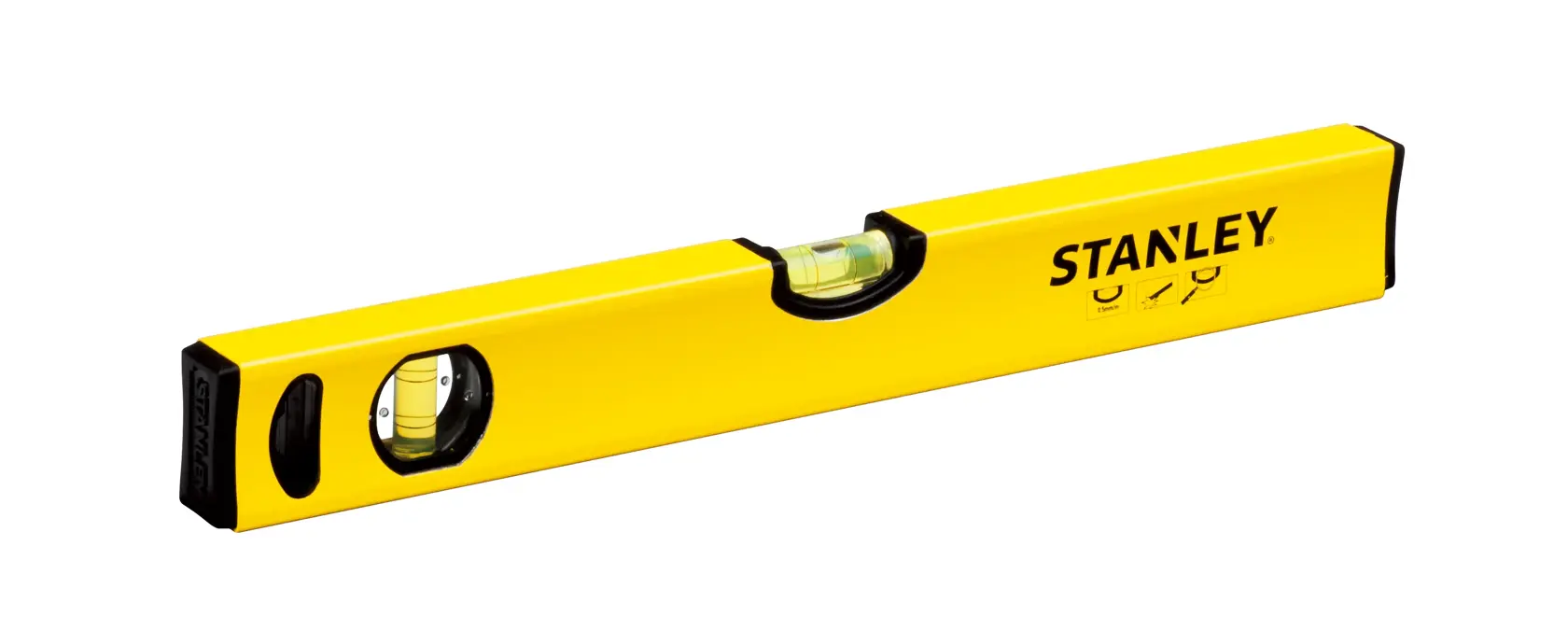 STANLEY STHT43102-8 yellow spirit level tool with three vials, angled on white background.