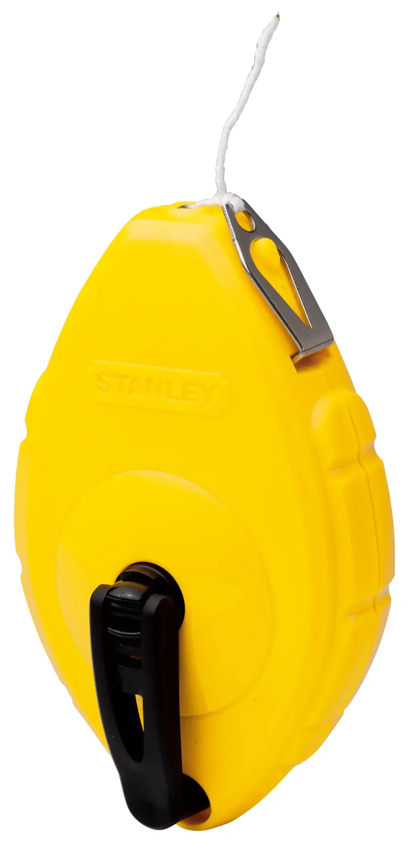 STANLEY STHT47440-8 chalk line reel with bright yellow case, black handle, front angle on white background.