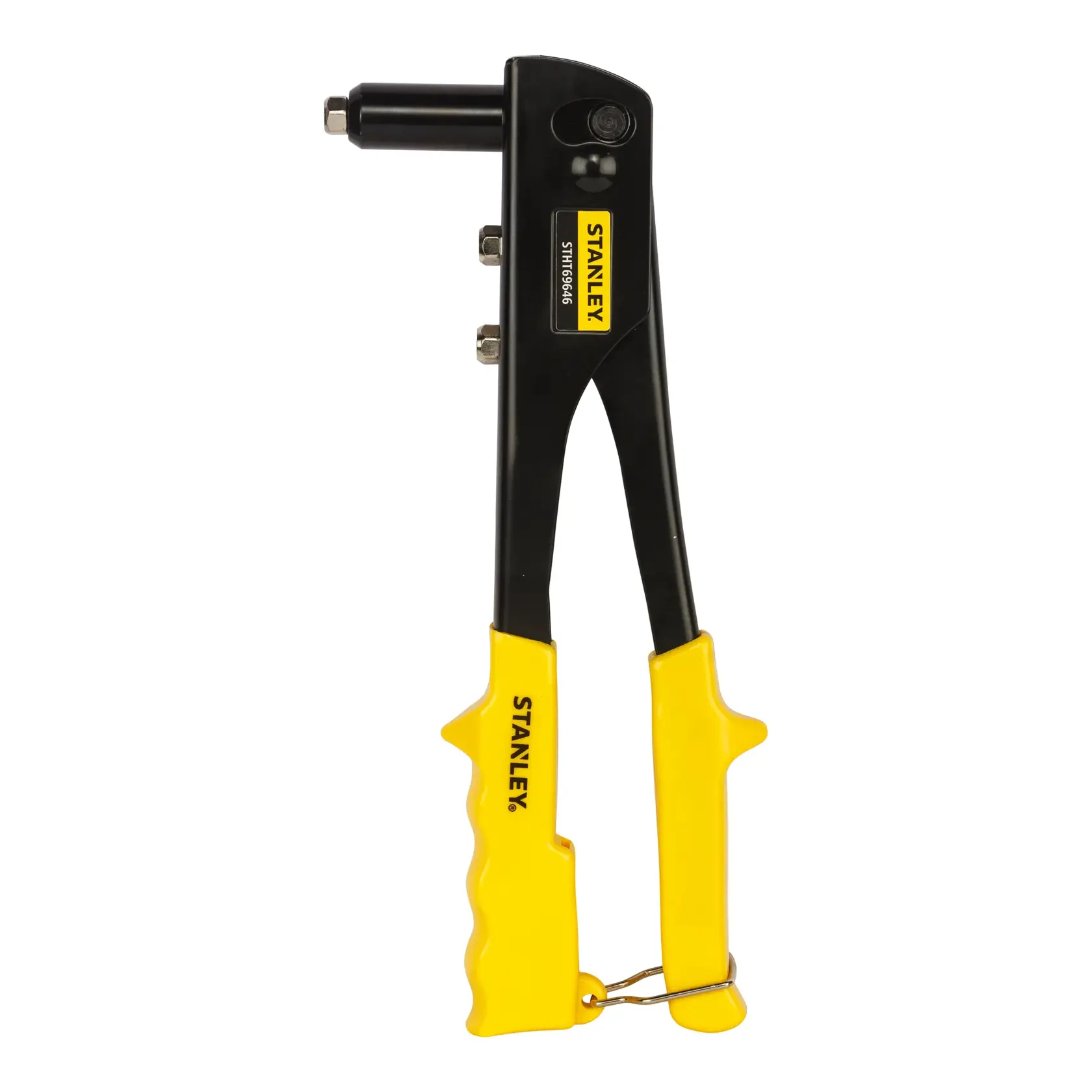 Photo of STANLEY STHT69646-8 hand riveter tool with black body and yellow handles, product shown from front on white background.