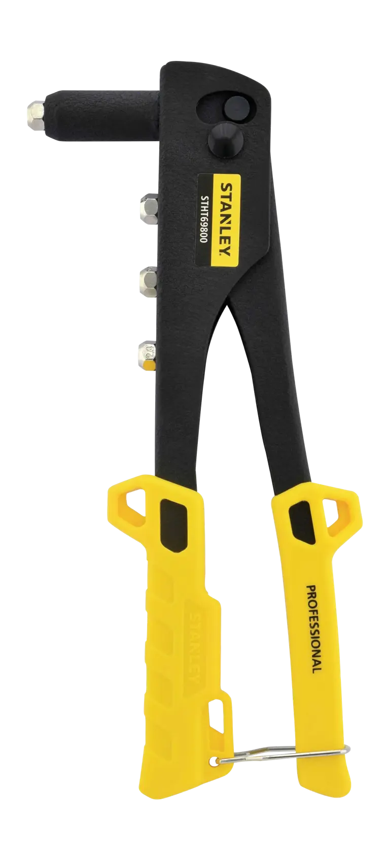 Photo of STANLEY STHT69800-8 hand riveter tool with black body and yellow handles, front view on white background.