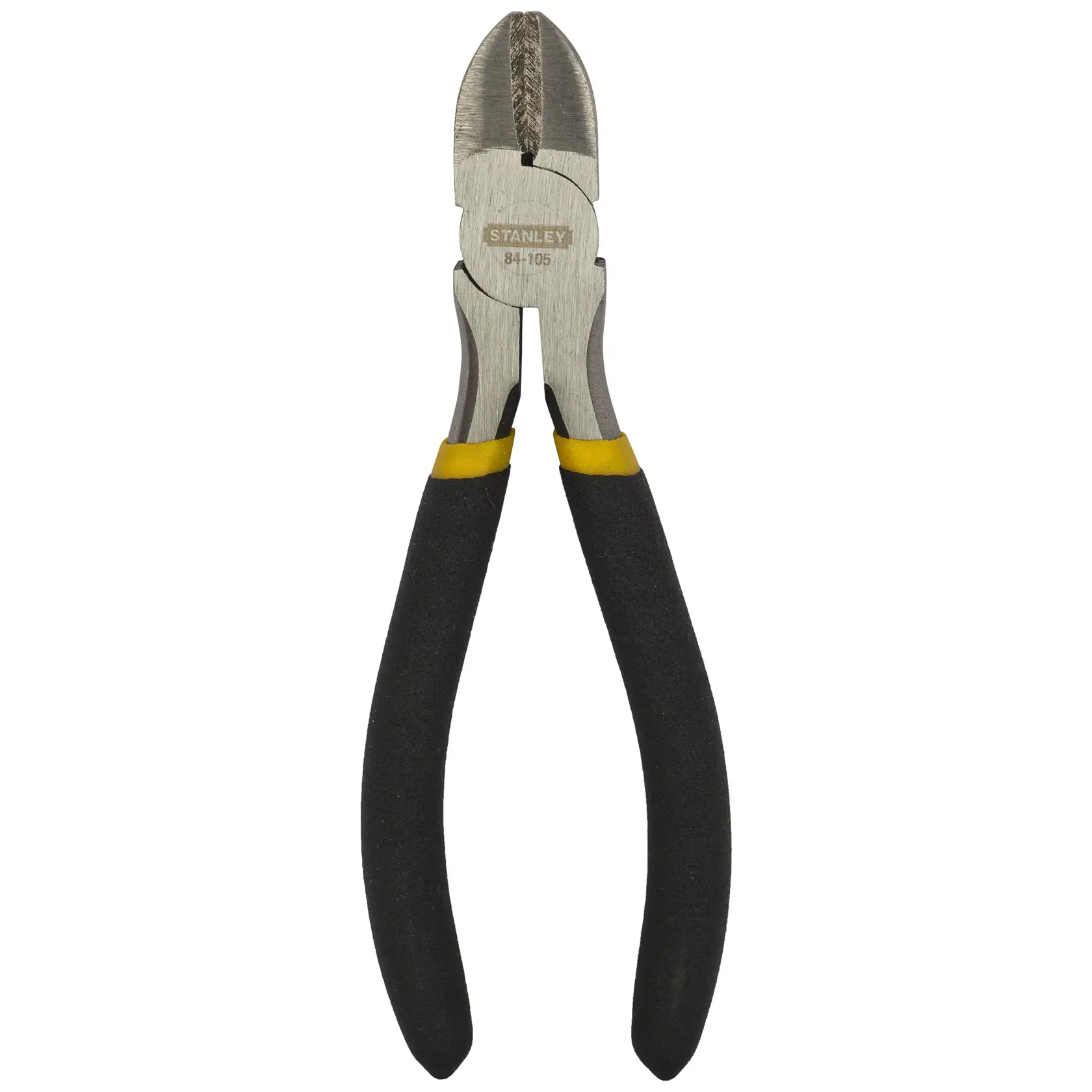 Stanley diagonal cutting pliers with black and yellow handles, used for cutting wires and cables.