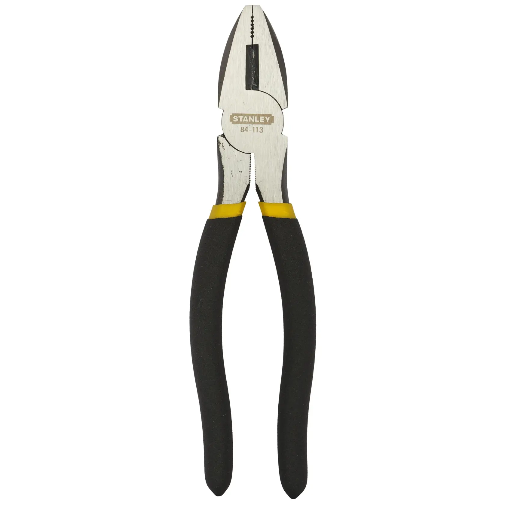 Stanley combination pliers with insulated black handles and steel jaws, suitable for gripping and cutting tasks.