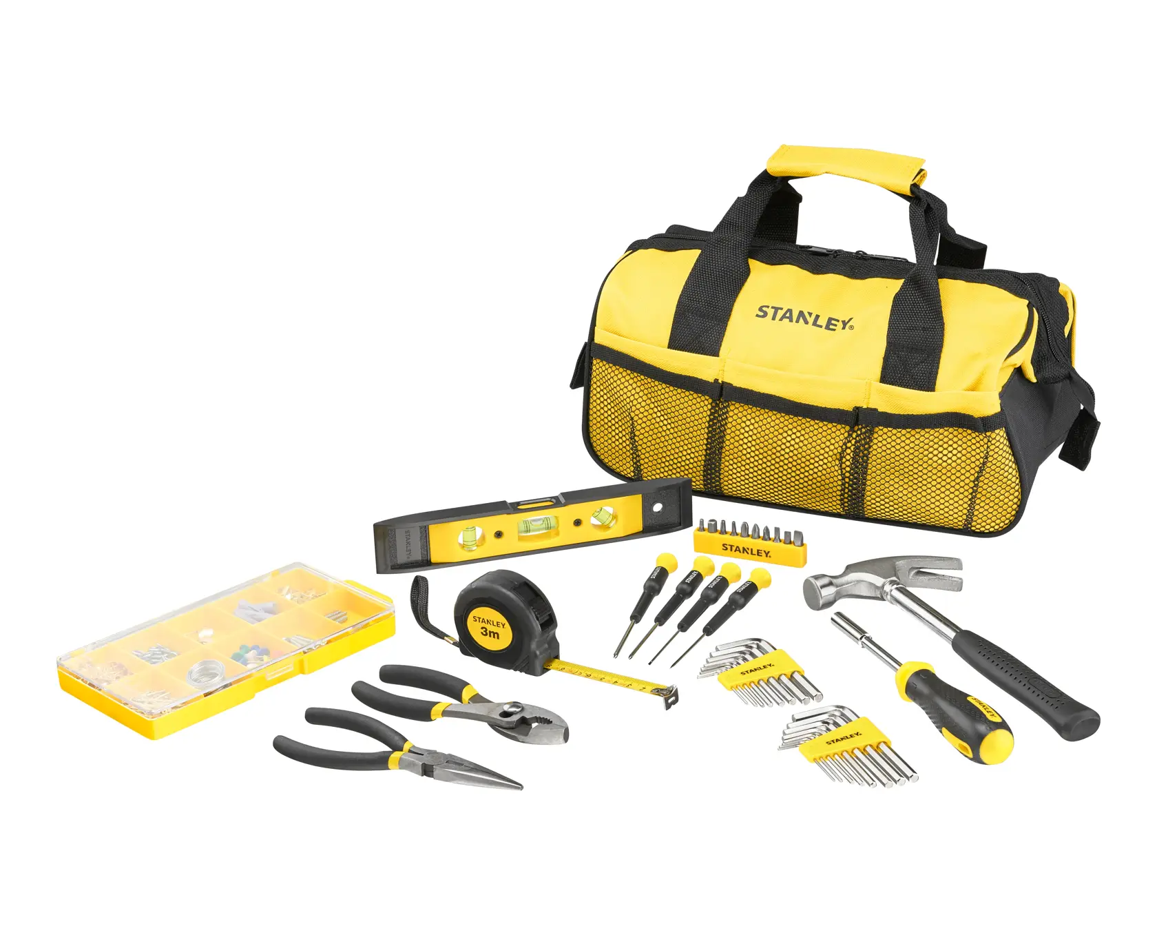 STANLEY STMT0-74101 tool bag set with assorted hand tools, front angle on white background.