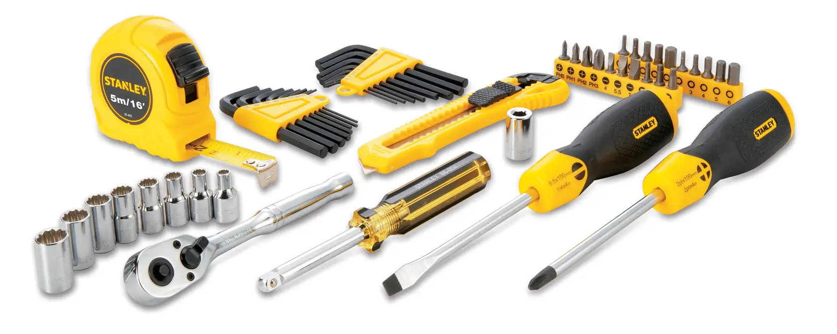 STANLEY STMT0-74864 tool set with tape measure, screwdrivers, sockets, ratchet and hex keys, front angle.