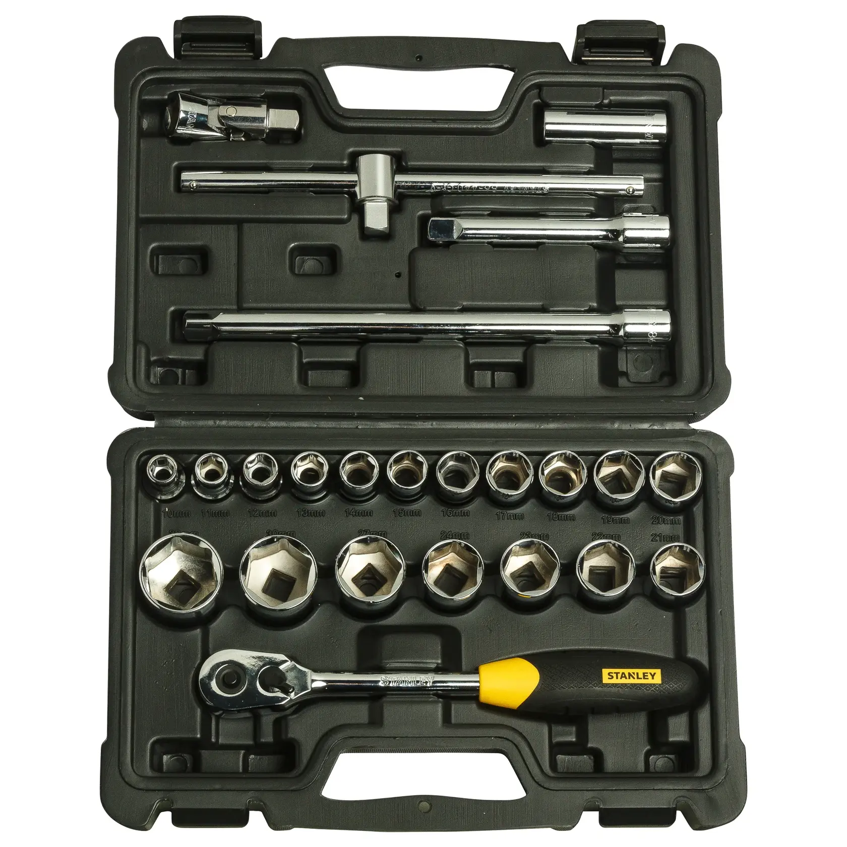 STANLEY STMT72795-8-12 socket wrench set with ratchet and sockets in black case, top-down angle.