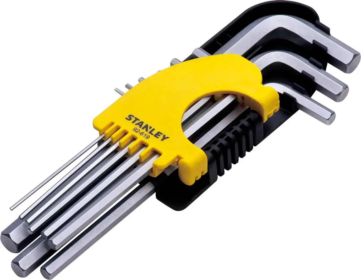 STANLEY STMT92619-8 hex key set with yellow and black holder, angled view on white background.