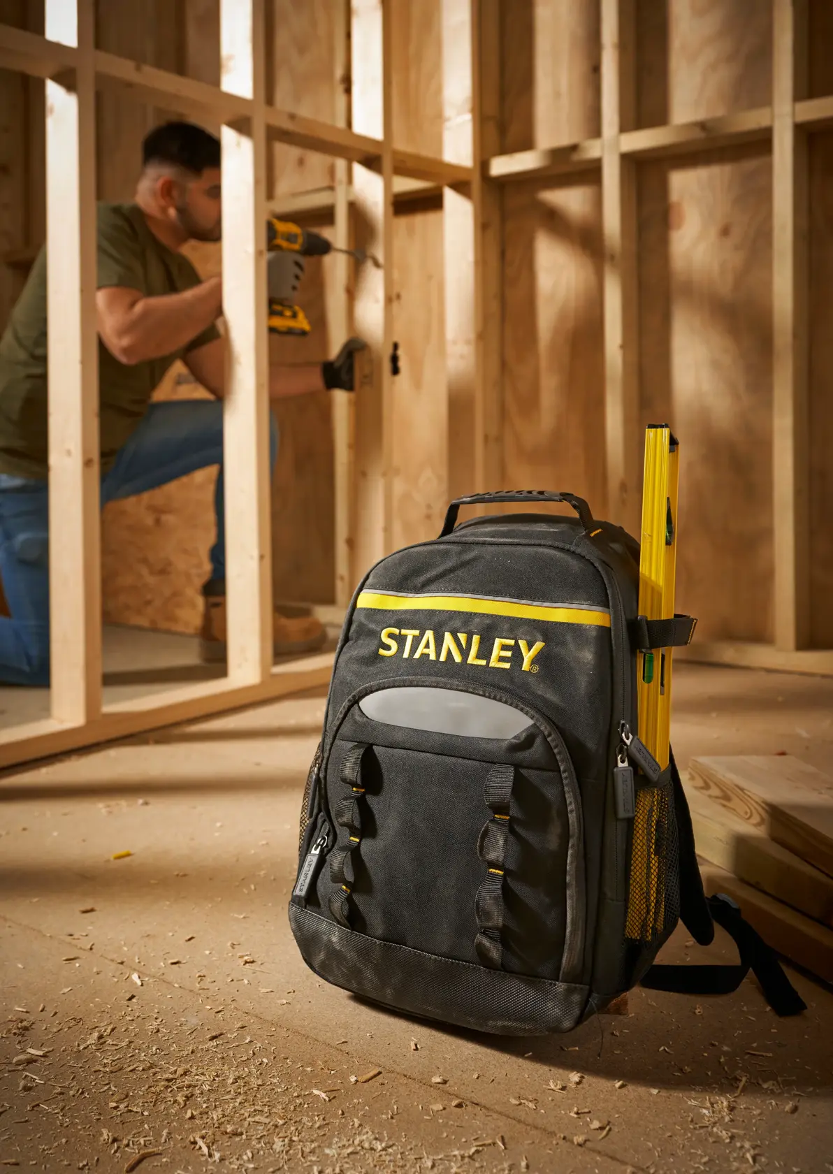 STANLEY STST1-72335 black tool backpack with yellow accents and level, on construction site floor.