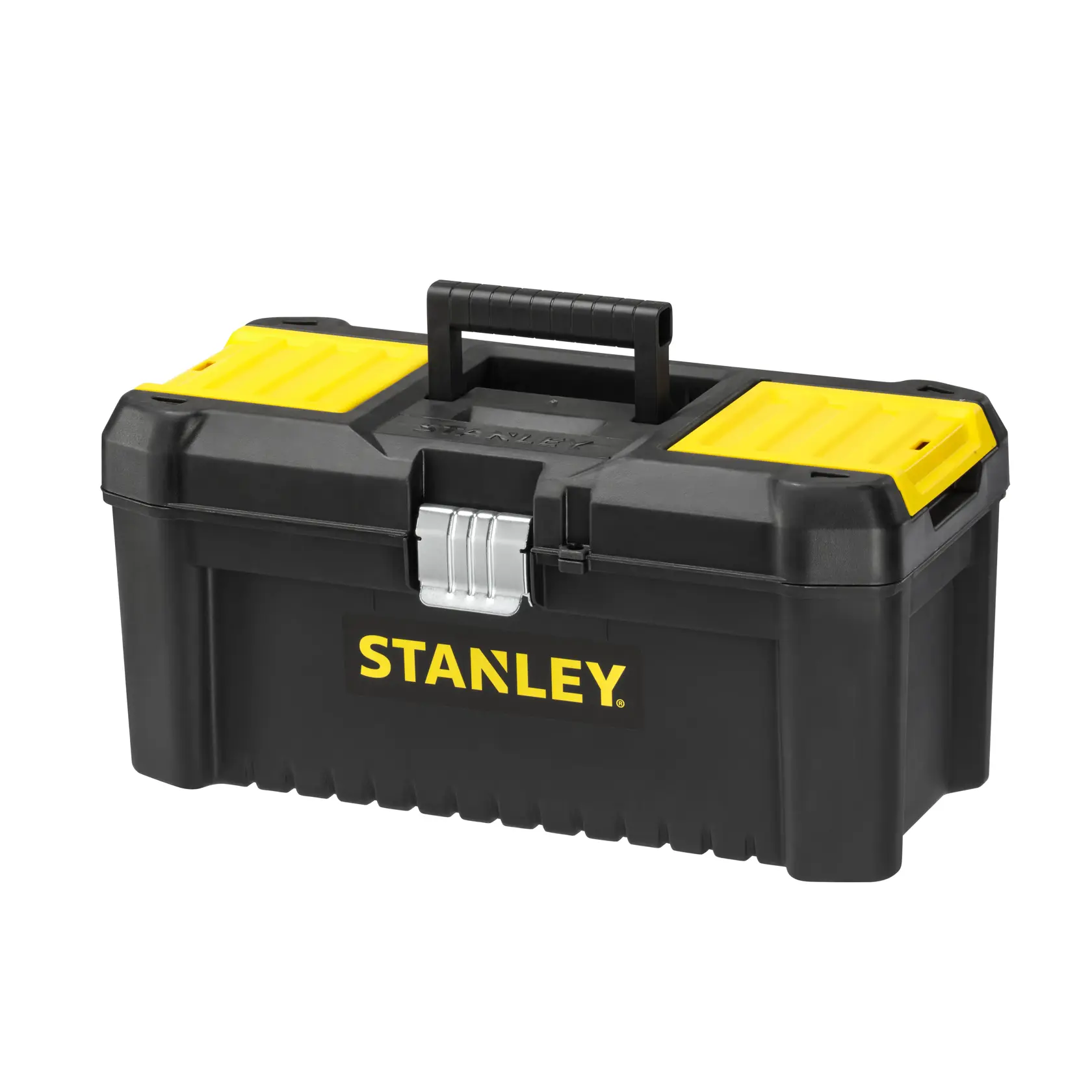 Photo of STANLEY STST1-75518-KR black and yellow plastic toolbox with handle, front angle.