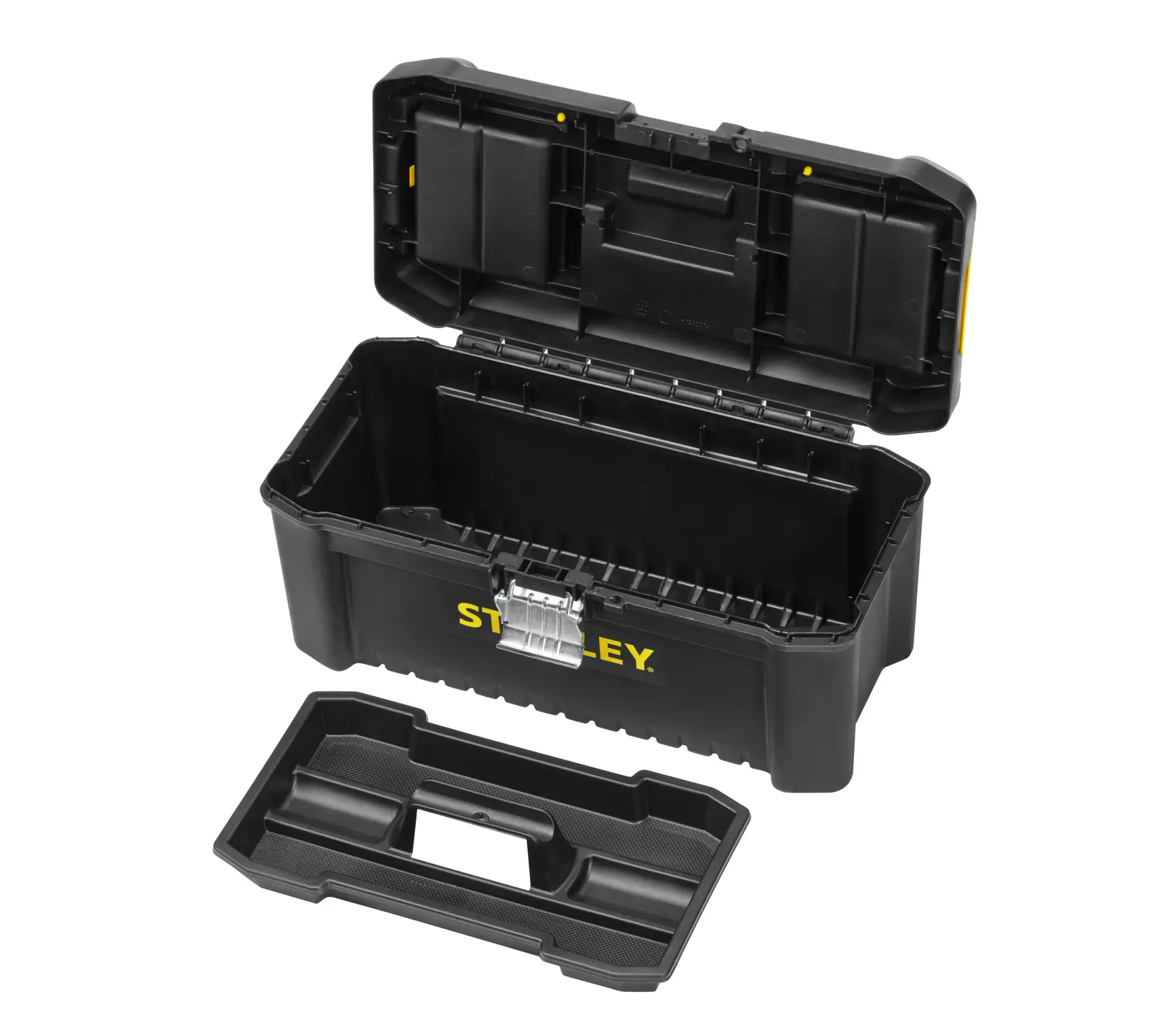 STANLEY STST1-75518-KR black tool box with open lid and removable tray, front angle on white background.