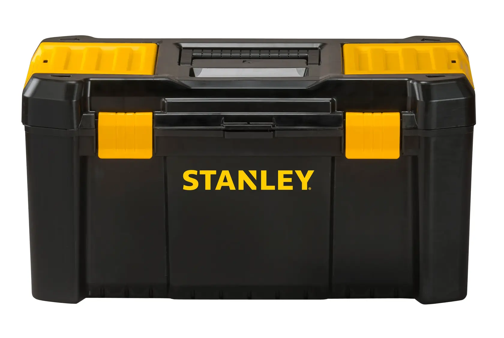 STANLEY STST1-75520 black toolbox with yellow accents, photography, front view on white background.
