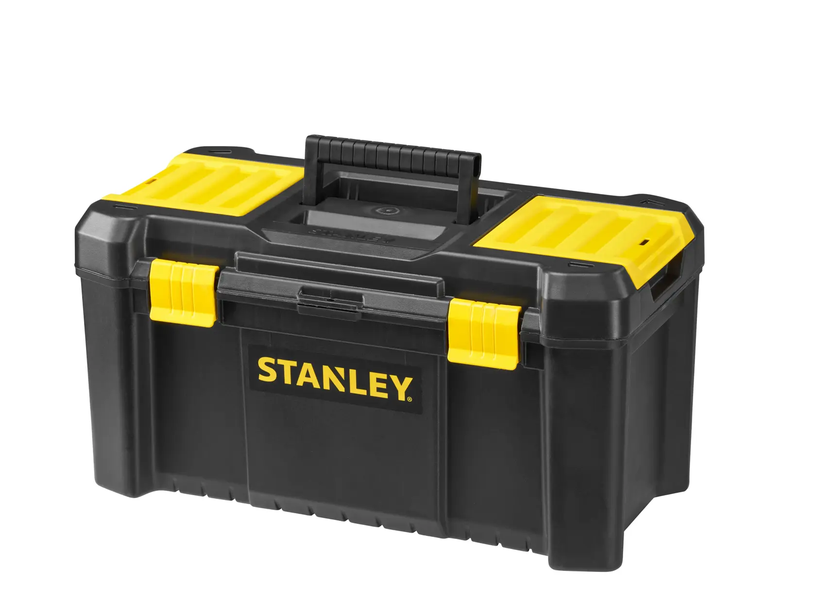 Stanley STST1-75520 black and yellow tool box front angle, sturdy plastic construction with handle.