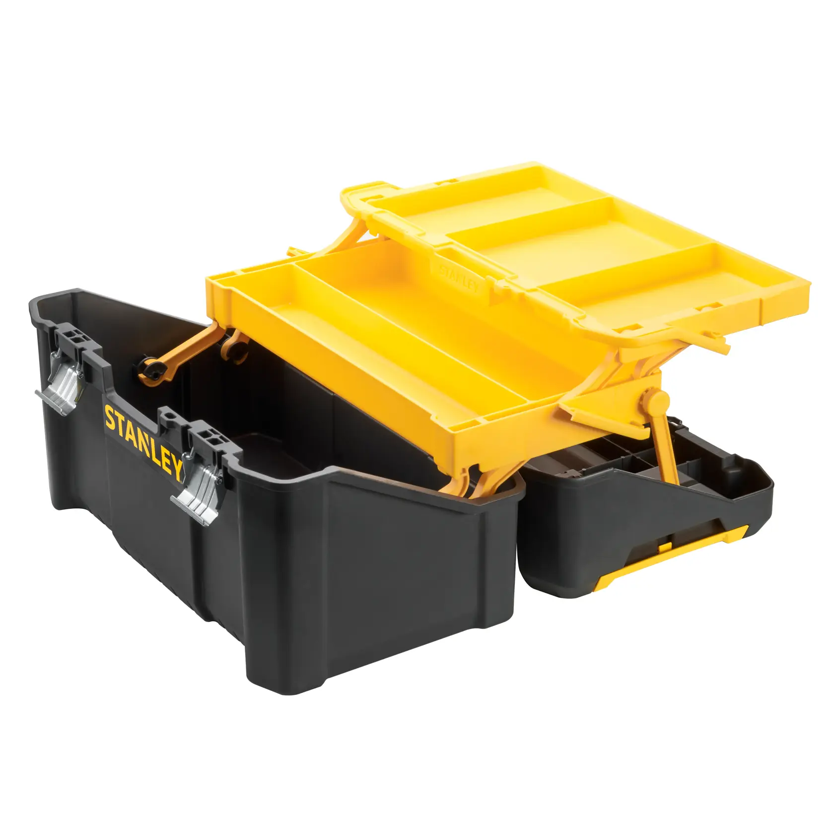 STANLEY STST83397-1 toolbox with fold-out compartments, black and yellow, front angle, white background.