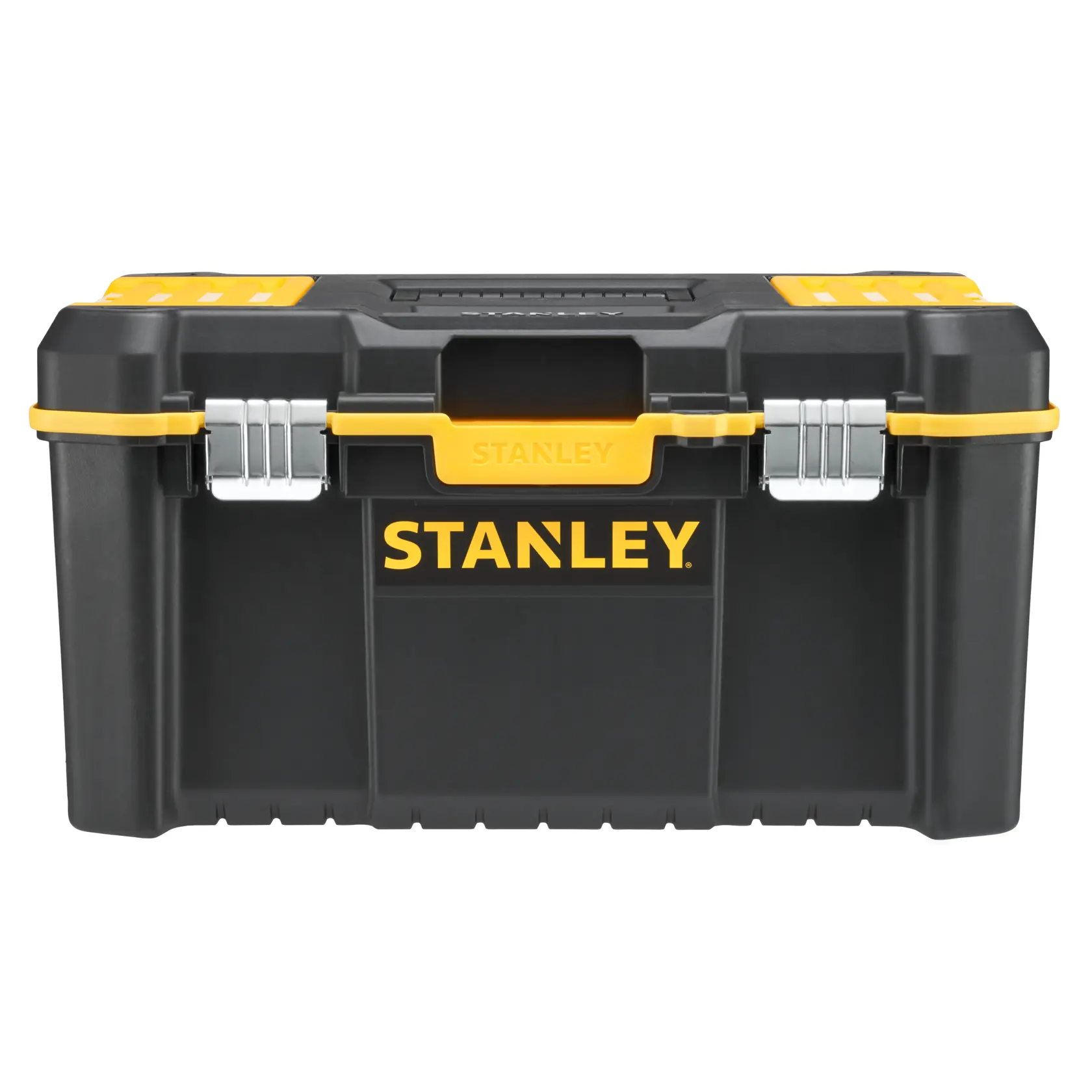 STANLEY STST83397-1 black and yellow toolbox with metal latches, front view on white background.