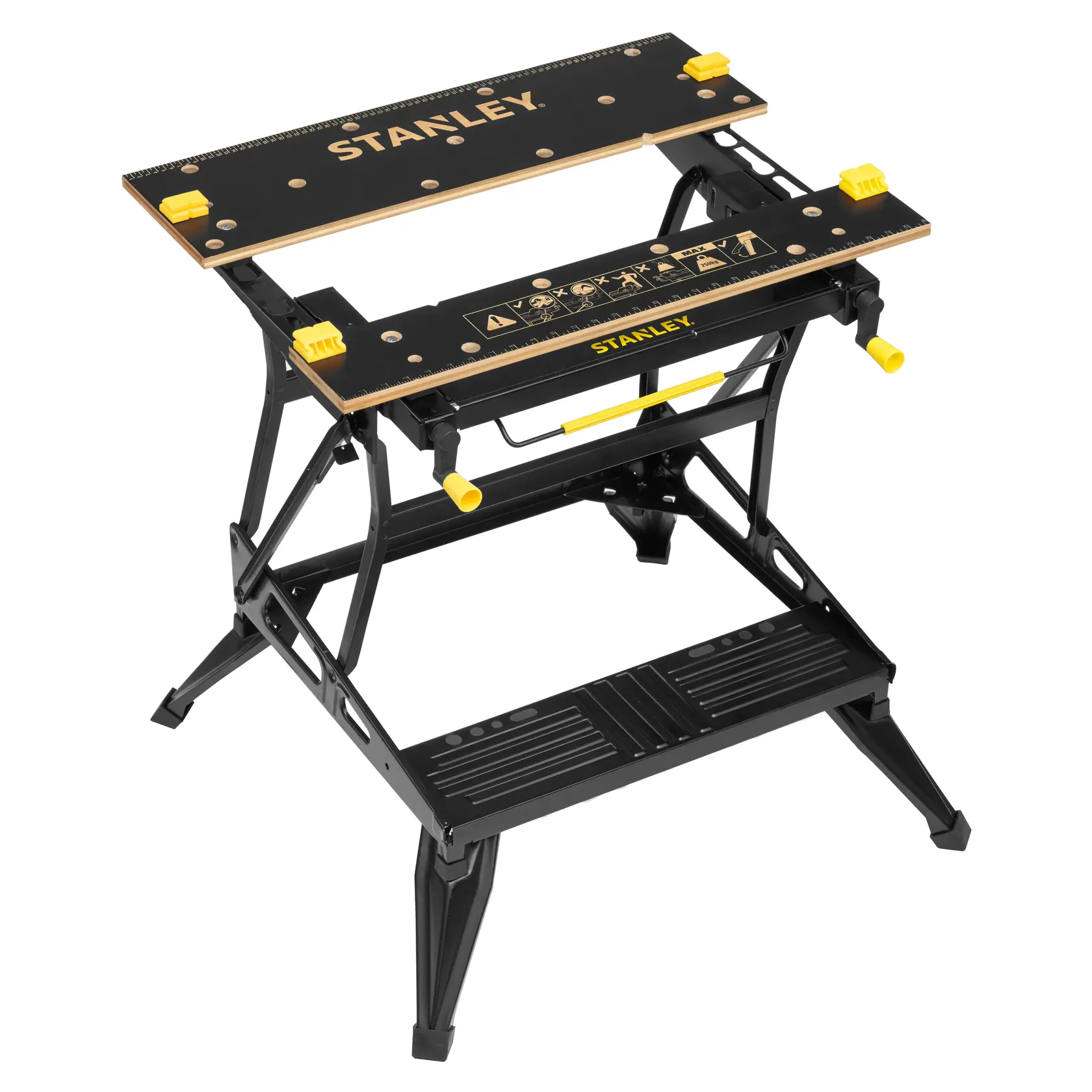 STANLEY STST83800-1 black and yellow folding workbench with adjustable clamps, side angle on white background.