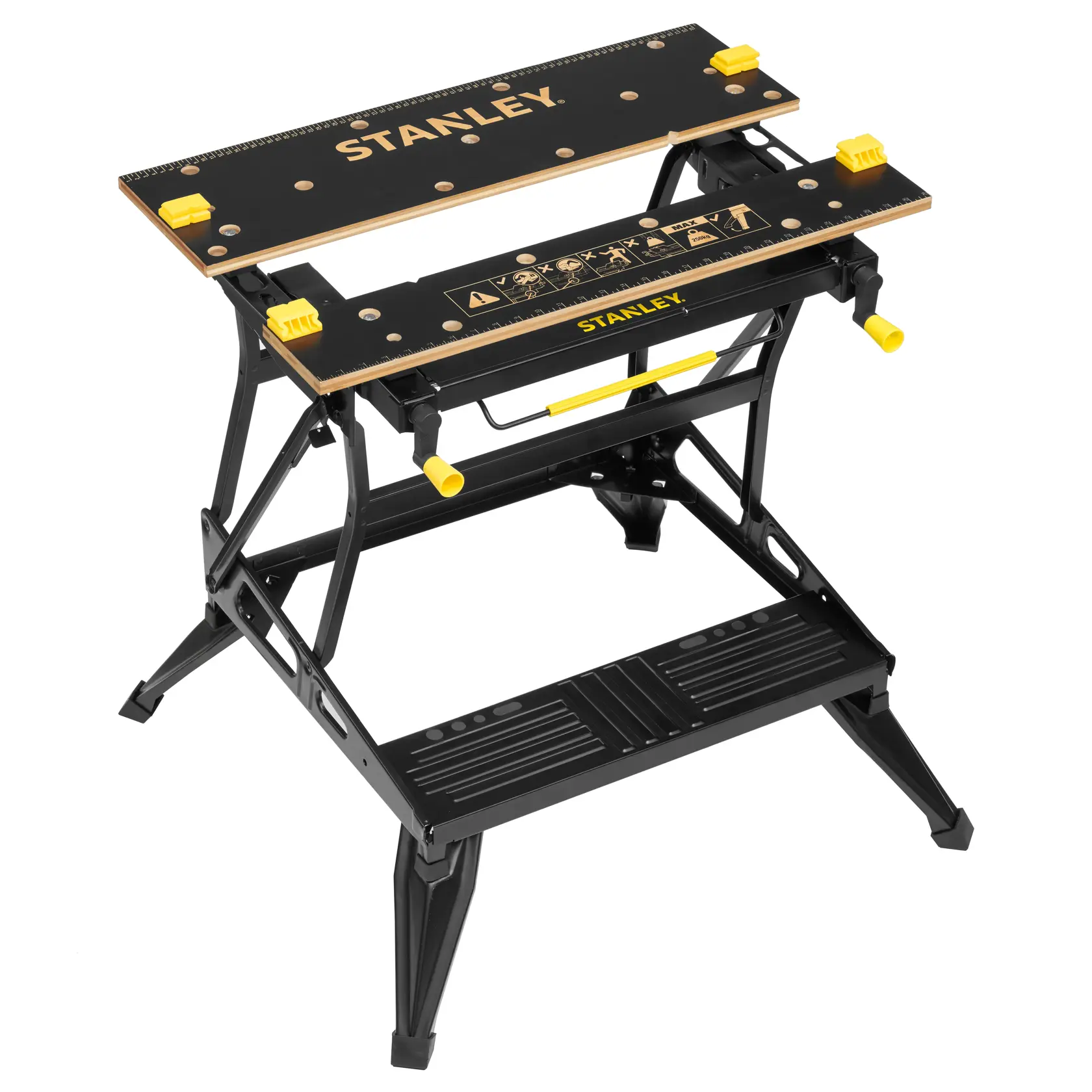 Photo of STANLEY STST83800-1 foldable workbench with black and yellow frame, angled view on white background.