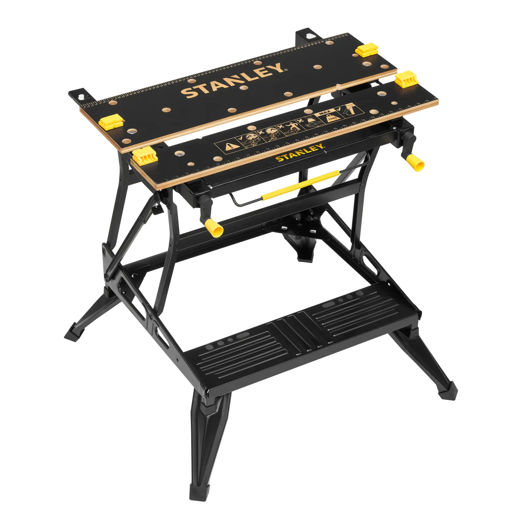 STANLEY STST83800-1 folding workbench with black and yellow metal frame, tabletop with ruler, front angle.