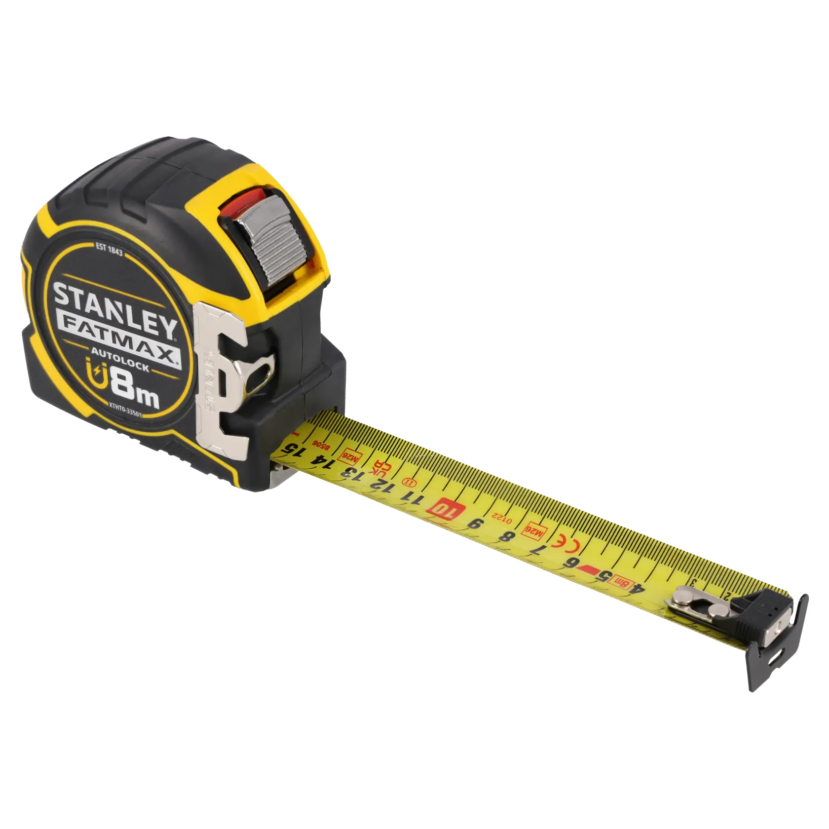 Photo of STANLEY XTHT0-33501 tape measure, FATMAX Autolock, yellow blade, side angle on white background.