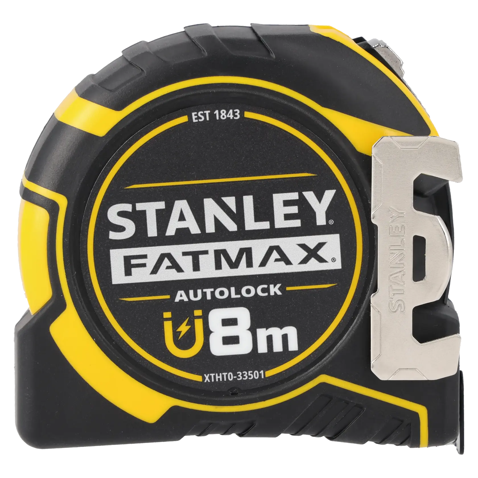 STANLEY XTHT0-33501 tape measure, FATMAX, 8m, black and yellow, front angle, with metal belt clip.