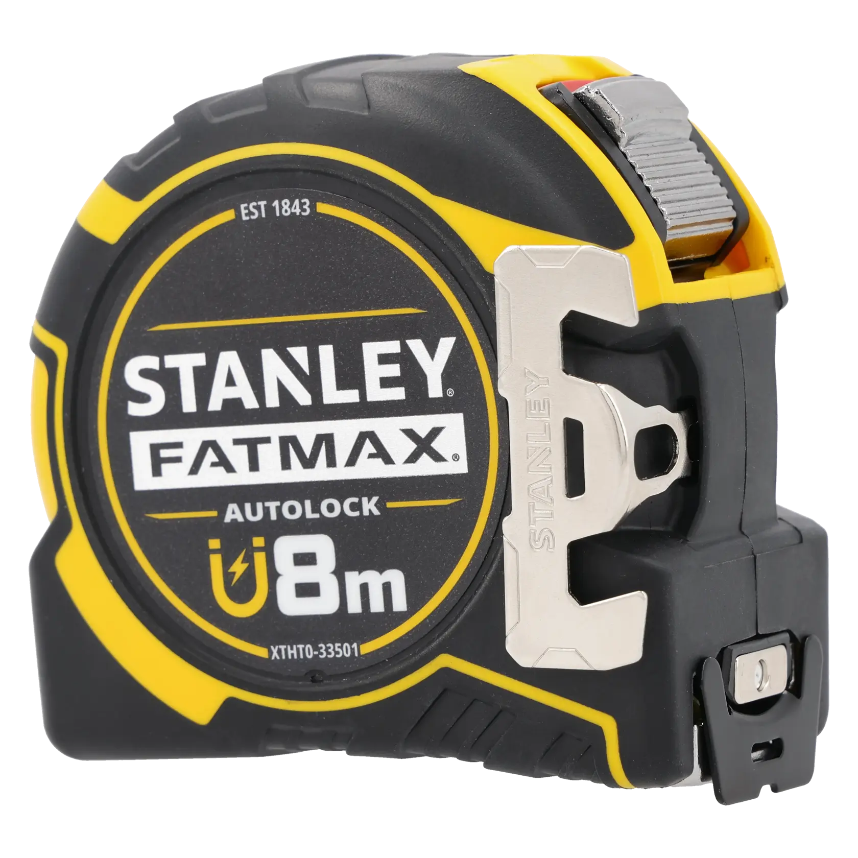 Photo of STANLEY XTHT0-33501 FATMAX 8m autolock tape measure, black and yellow, side angle.