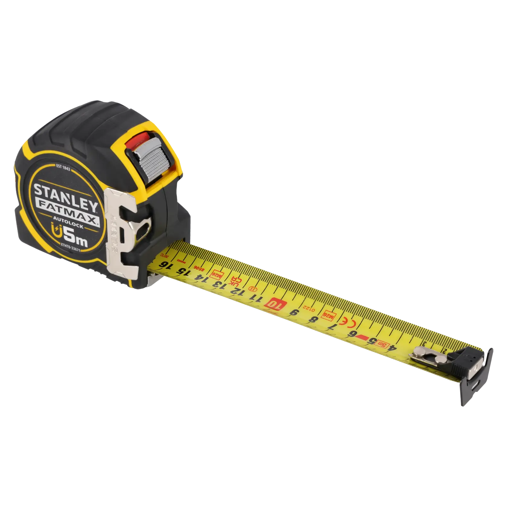 STANLEY XTHT0-33671 tape measure, black and yellow, 5m, side angle on white background.