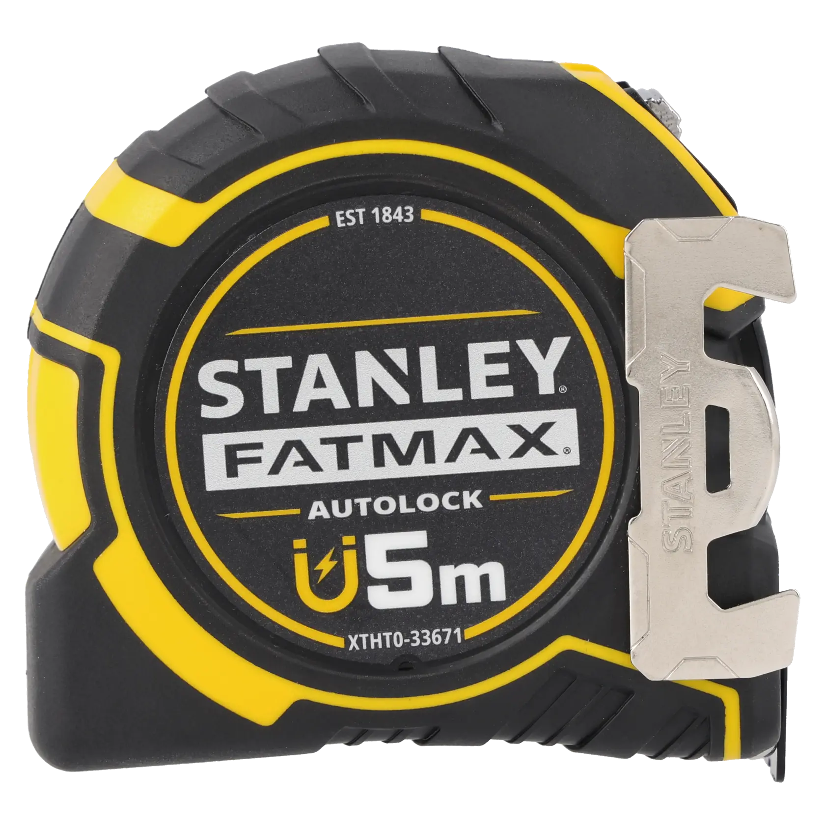 STANLEY XTHT0-33671 FATMAX 5m autolock tape measure, black and yellow, front angle.