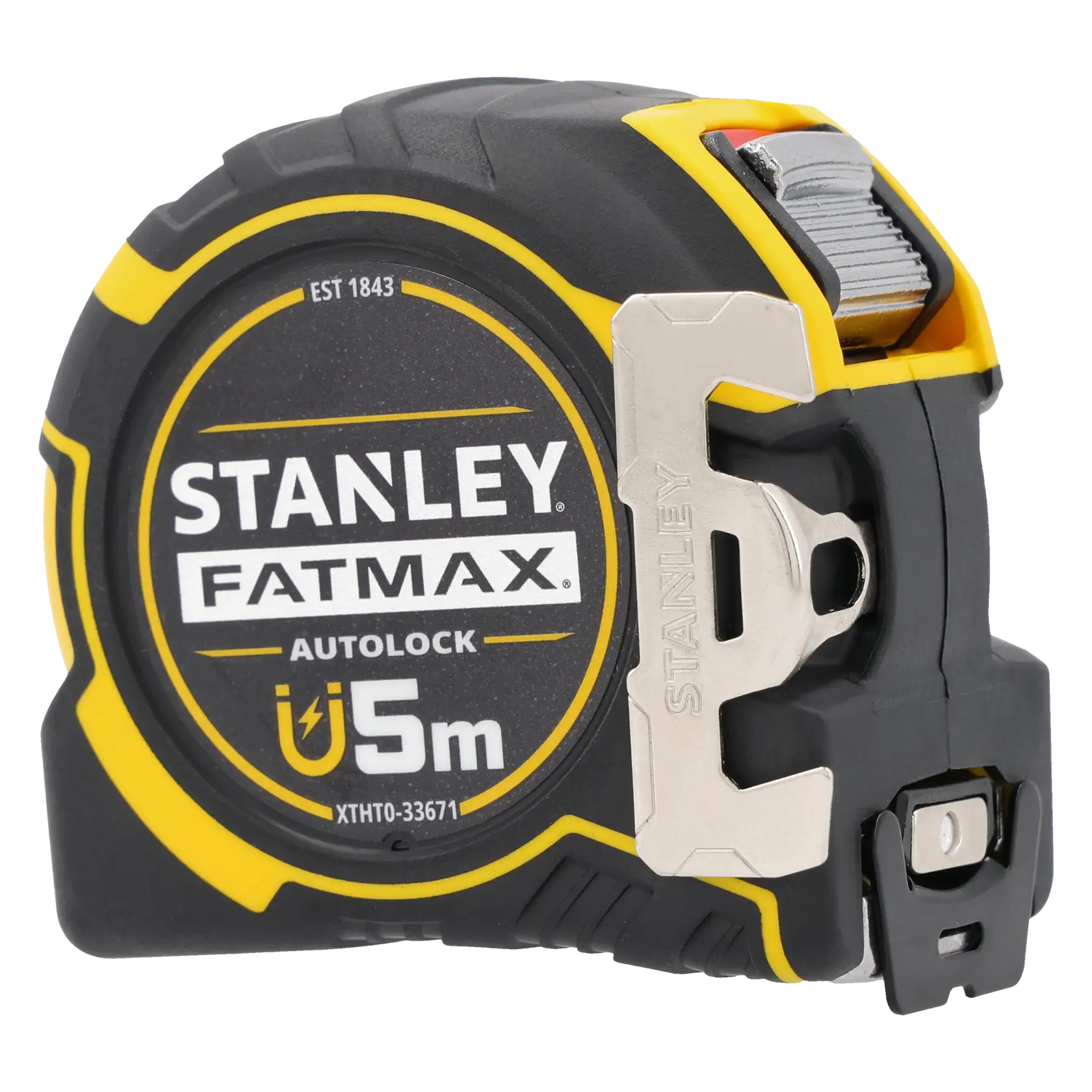 Photo of STANLEY FATMAX XTHT0-33671 autolock 5m tape measure, black and yellow, front angle on white background.